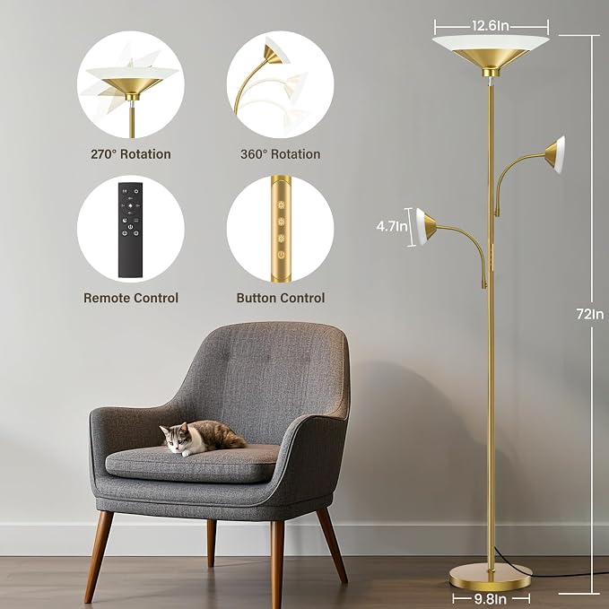 SIBRILLE 3 Way Torchiere Floor Lamp - 42W Dimmable LED Tree Standing Lamp with Remote, 2300LM, Color Changing, 72" Tall Bright Floor Lamp for Living Room Bedroom Office