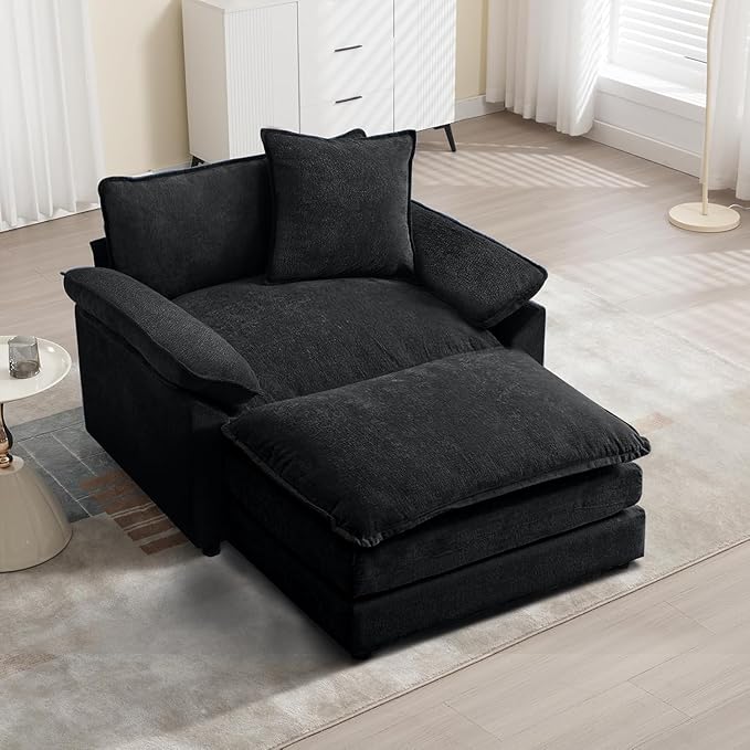 Modern Oversized Chair with Ottoman, Comfy Chenille Accent Chair Large Upholstered Armchair with Extra Thick and Deep Seat Lounge Chair for Living Room,Bedroom,Apartment,Black