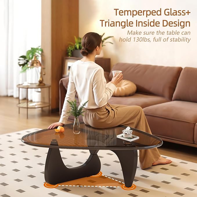 Coffee Table for Living Room Mid Century Modern Center Small Table with Glass Top and Wood, Black Brown