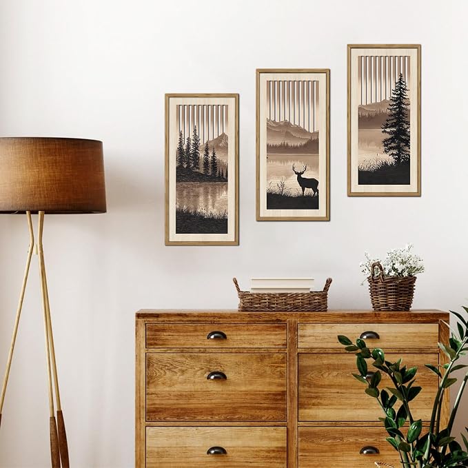 HPNIUB 3PCS Jungle Animals Wall Decor,Rustic Mountain Forest Wooden Sign for Living Room,Silhouette Abstract Deer Pine Tree Hanging Wood Plaque Wall Art Nature Wall Sculpture for Home Office(8x16Inch)