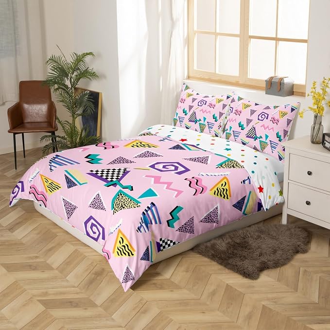 80s 90s Bedding Set Memphis Pattern Old Fashioned Comforter Cover King,Geometric Abstract Colorful Dots Funky Duvet Cover Retro Bed Set,Multicolor Vintage Rainbow 80'S Style 1980S Home Decor,Pink