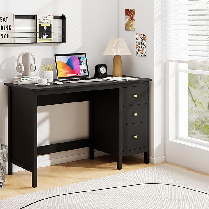 Tangkula Black Desk with Drawers, Modern Home Office Computer Desk with Storage Drawers & Spacious Desktop, Compact Writing Study Desk Laptop Desk for Bedroom, Multipurpose Computer Workstation