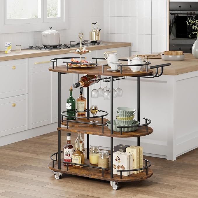 Takywep Bar Cart with Wine Rack and Glass Holder, 4-Tier Modern Serving Cart on Wheels, Mobile Liquor Cabinet & Coffee Station for Home Kitchen, Dining Room, Marble Wood/Gold