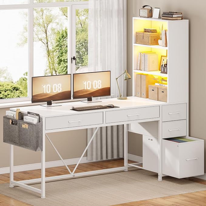 SEDETA Computer Desk with 5 Drawers and Bookshelf, Reversible Home Office Desk with Storage Shelves and File Drawer, Gaming Desk with LED Lights for Small Spaces, White
