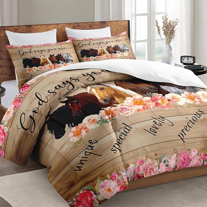WeCozy King Size Comforter Set with 2 Pillowcases, Colorful Horses Animal Pink Flower 3 Pcs Bedding for Kids and Adults, Inspirational Thoughts and Prayer Soft Comforter Set for Bedroom Bed Decor