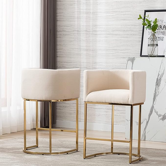 Contemporary Cream Linen Bar Stools Set of 4, 29" Upholstered Fabric Counter Height Barstools Kitchen Counter Island Stools with Screwed Together Golden Metal Base