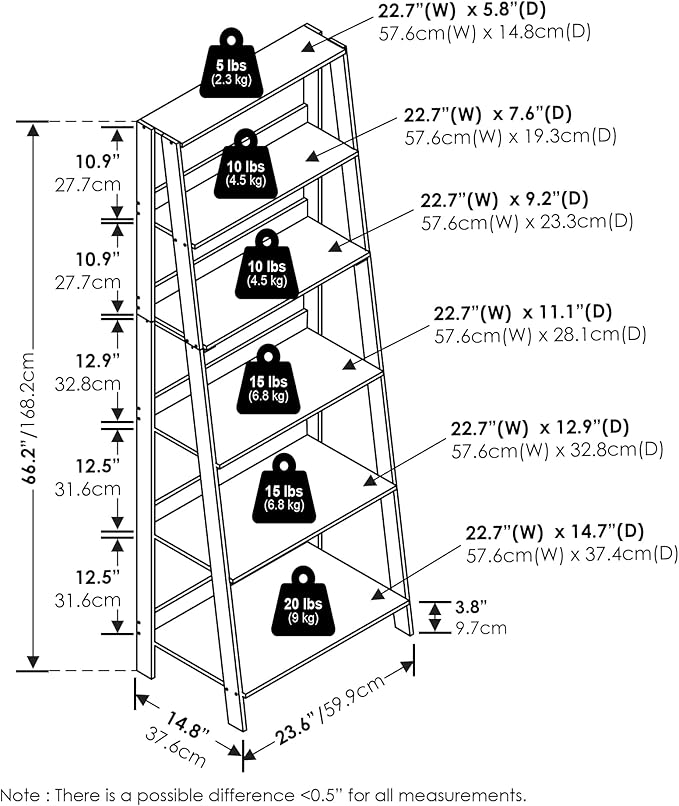 Furinno Ladder Book Shelf, 6-Tier Ladder Shelf, Open Design Bookshelf, Display Storage Bookcase, 14.8" x 23.6" x 66.2", Living Room, Home Office, Espresso
