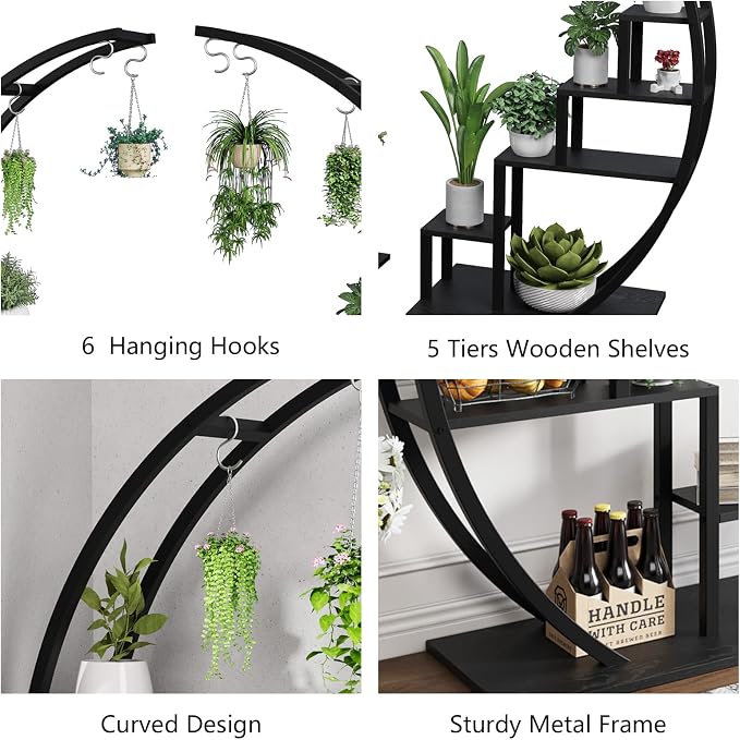 GarveeLife Plant Stand Indoor 5 Tier Tall, Metal Half Moon Plant Shelf 2 Pack, Stylish Tiered Flower Rack for Multiple Plants Display, Tall and Space-Saving Design