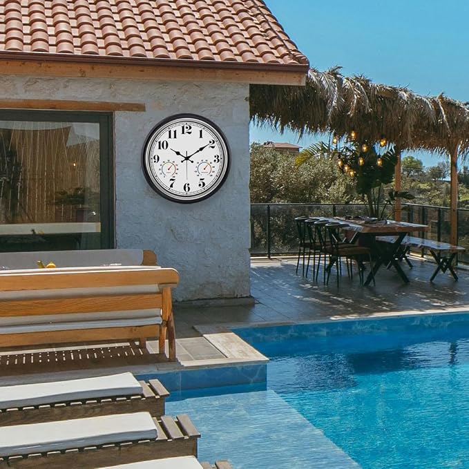 45MinST 16 Inch Silver Vintage Large Indoor/Outdoor Waterproof Wall Clock with Thermometer & Hygrometer, Silent Non-Ticking Quartz Timepiece for Home, Porch, Garden
