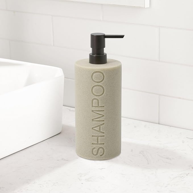 Resin Tan Sandstone Shampoo Engraved Bottle Refillable Pump Dispenser, Durable Waterproof Resin Construction for Bath, Shower - Tan Sandstone ORB Pump