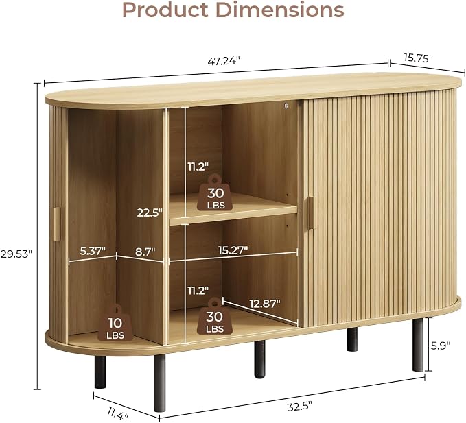 Buffet Cabinet with Storage, Fluted Sideboard Buffet with Sliding Door, Coffee Bar Cabinet with Adjustable Shelf, Console Table, Accent Table for Entryway, Kitchen (Oak, 48 Inch)