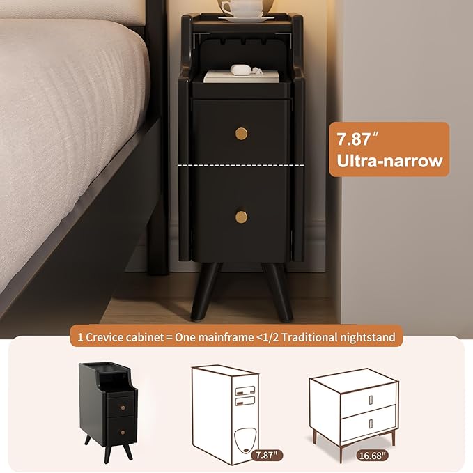 AQIMUELE Small Nightstand with Drawers, Solid Wood Narrow Bedside Table, Narrow Nightstand for Bedroom