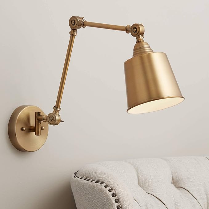360 Lighting Mendes Modern Swing Arm Adjustable Wall Mounted Lamp Antique Brass Gold Metal Hardwired Down Light Fixture for Bedroom Bedside House Reading Living Room Home Hallway Dining