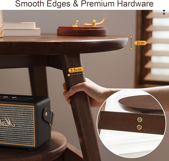 Side Table, Small Round End Table with 2-Tier Shelf, Solid Wood Nightstand for Small Spaces, Mid Century Modern Accent Table for Living Room Bedroom, Walnut
