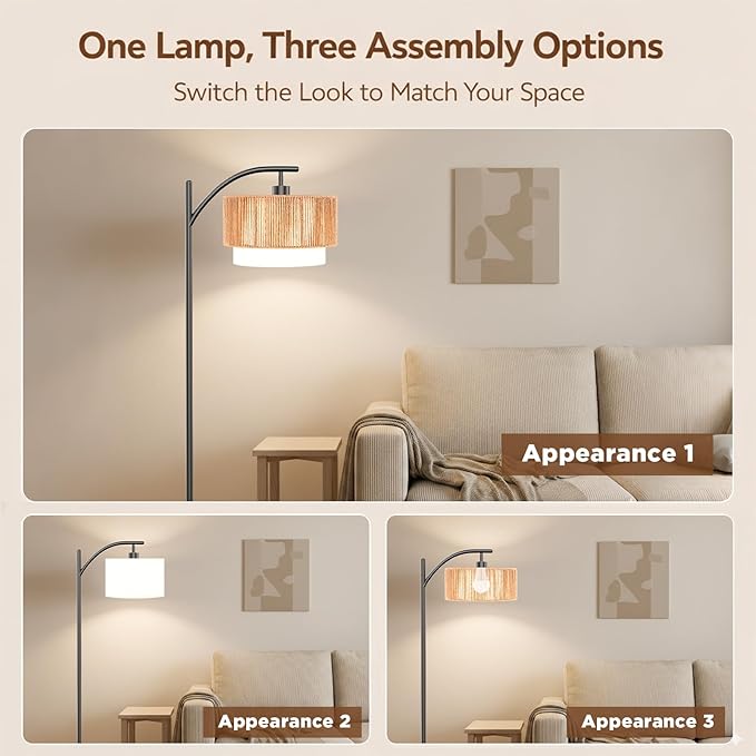 TJOY Floor Lamp for Living Room with 12W LED Bulb, Arc Floor Lamp, 3 Color Temperatures Standing Floor Lamp with Boho Rattan & Fabric Shades for Living Room, Bedroom, Farmhouse, Corner