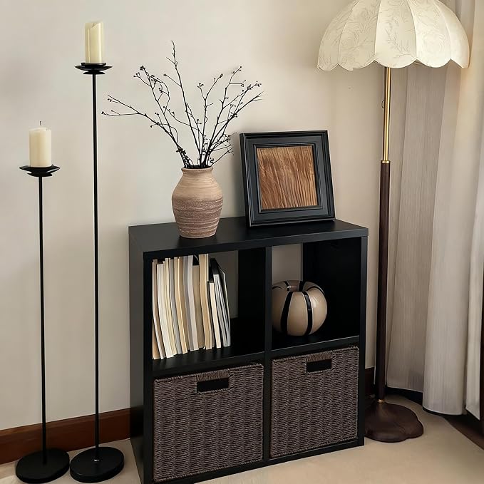 IRONMIX Metal 4 Cube Storage Organizer with 2 Storage Basket, Short Black Bookshelf with Storage, Horizontal Bookshelf, 2 Tier Open Bookcase Cube Shelf for Home Office Library (Black, 700 with Basket)