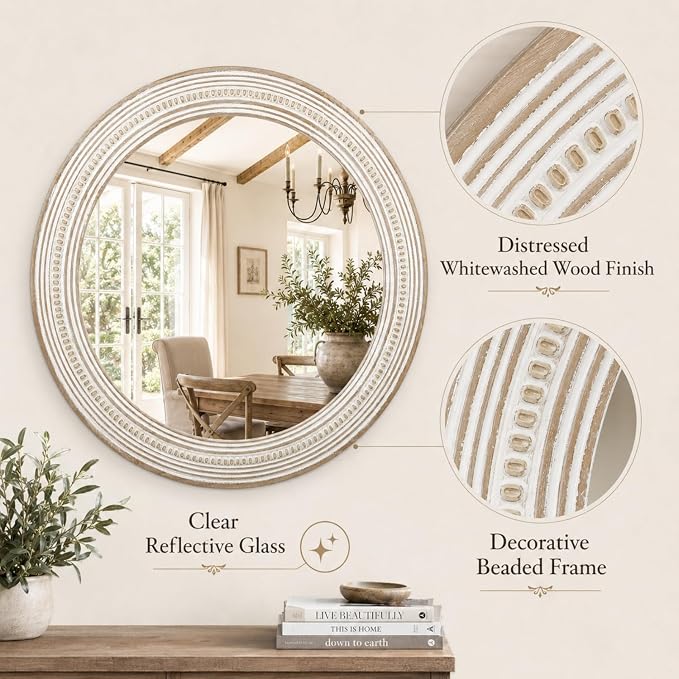 Reflinto 24 Inch Boho Wooden Round Mirrors for Wall Decor, | Rustic Farmhouse Decorative Circle Mirror for Bathroom Over Sink, Living Room, Entryway, Bedroom