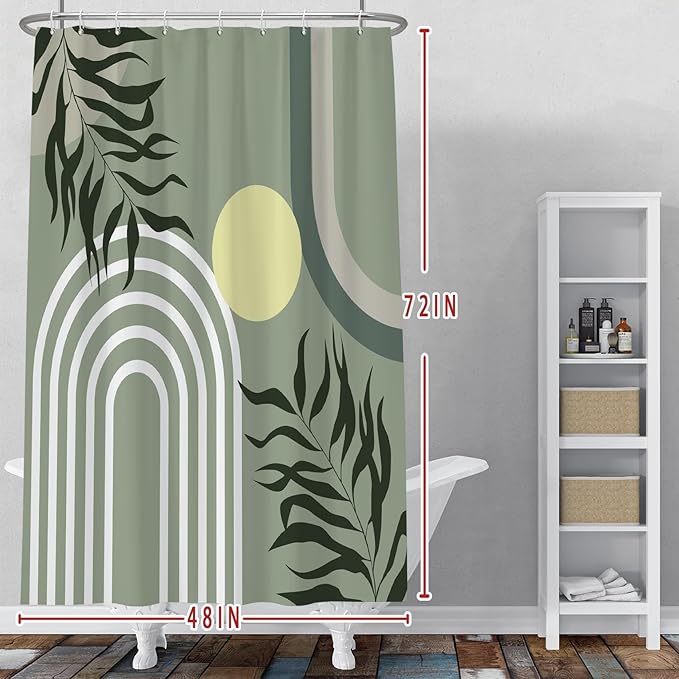 Baocicoo Green Minimalism Boho Shower Curtain Mid Century Abstract Sun Shower Curtain for Bathroom Modern Hostel Hotel Durable Polyester Waterproof Curtain for Bathroom with Hooks 48x72 Inches