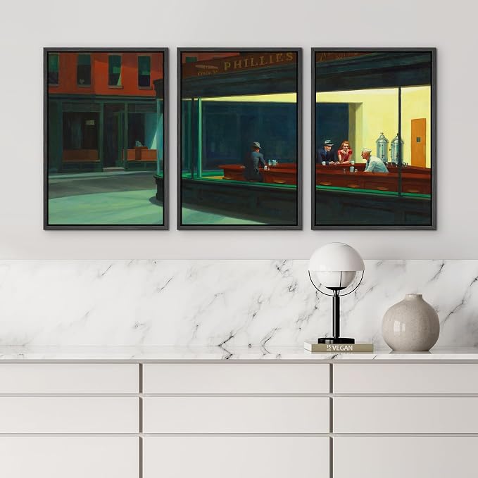 wall26 Framed Canvas Print Wall Art Set Nighthawks by Edward Hopper Cultural Historic Oil Painting Fine Art Reproduction Scenic Colorful for Living Room, Bedroom, Office - 24"x36"x3 Black