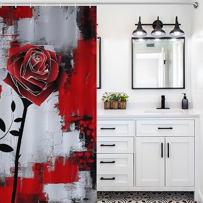 Red Rose Abstract Shower Curtain Nature Red Rose Floral Valentine's Day Artistic Waterproof Shower Curtains for Bathroom Decor 12 Pack Hooks 66x72in（168x183cm）