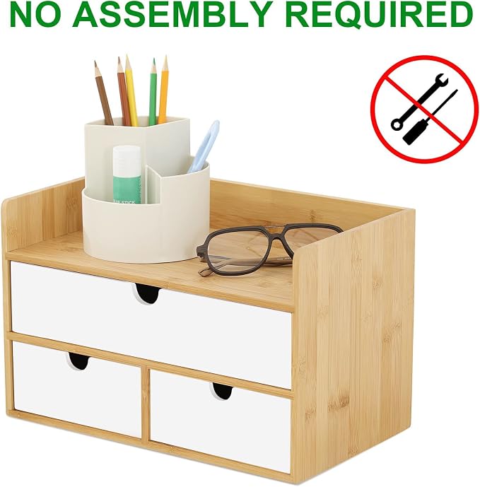 Desk Organizer with Drawers - Bamboo Desktop Organizer Storage | Natural-White Wood Desk Drawers Organizer for Bills, Office Supplies, Cosmetics, Seals No Assembly Required