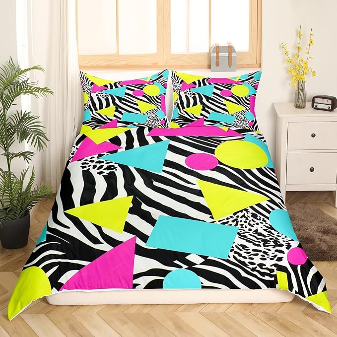 Memphis Duvet Cover Set Queen Size,Geometric Circle Triangle 80s 90s Hip Pop Bedding Set for Boys Girls,Leopard Print Zebra Skin Comforter Cover,Hippy Fashion Quilt Cover,2 Pillowcases(No Filler)