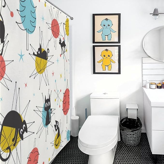 Cats Shower Curtains Black Cat Retro Atomic Christmas Pattern Duty Fabric Shower Curtain Set Bathroom Polyester Waterproof with 12 Hooks,72x72Inch（183x183cm）