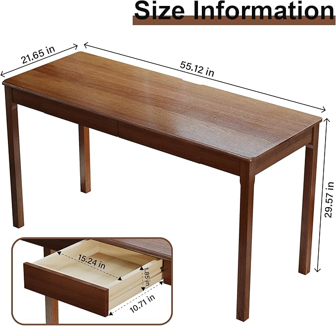 Solid Wood Desk with Drawers - 55 x 22 Inch Vintage Desks, Mid Century Modern Desks, Rubber Wood Study Table, Writing Desk with Drawers for Bedroom|Any Spaces - Walnut Color