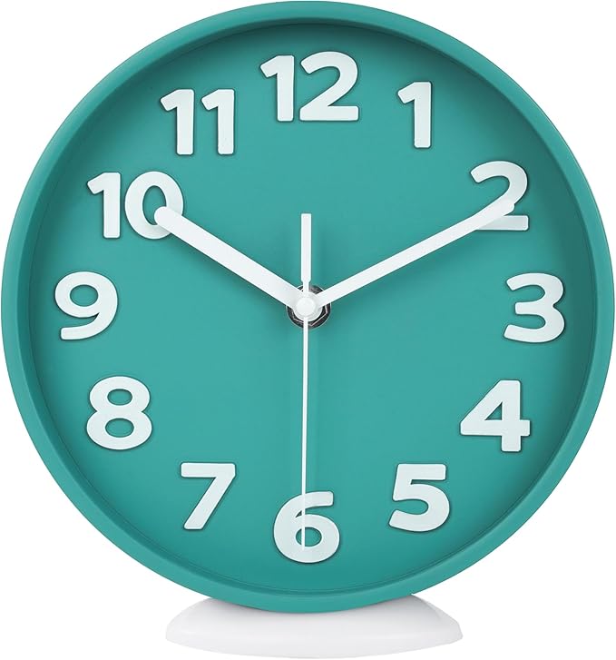 JENLYSTIME 8 Inch Vibrant Teal Modern Wall Clock – Silent Non-Ticking, Bold 3D Numbers, Precise Quartz Movement | Decorative Desk & Wall Clock with Stand for Home, Kitchen, Bedroom, or Office