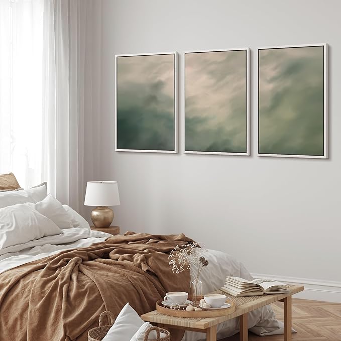 MUDECOR Framed Wall Art Print Set Soft Green Cloudscape Tranquil Abstract Nature Illustrations Modern Art Boho Decorative Colorful Chic for Living Room, Bedroom, Office - 24"x36"x3 White