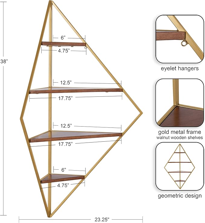 Kate and Laurel Melora Mid-Century Modern Corner Shelf; 24 x 38 x 17; Walnut and Gold; Glamorous Floating Corner Shelving with Four Shelves and Unique Geometric Shape