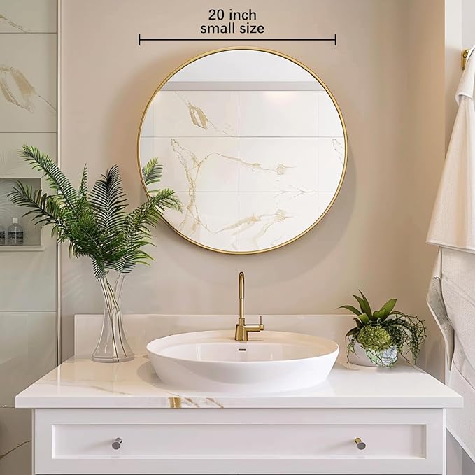Sunniry Gold Circle Mirror, Round Mirror 20 inch, Gold Mirror Metal Frame, Round Wall Mirrors for Bathroom, Bedroom, Living Room, Entryway.