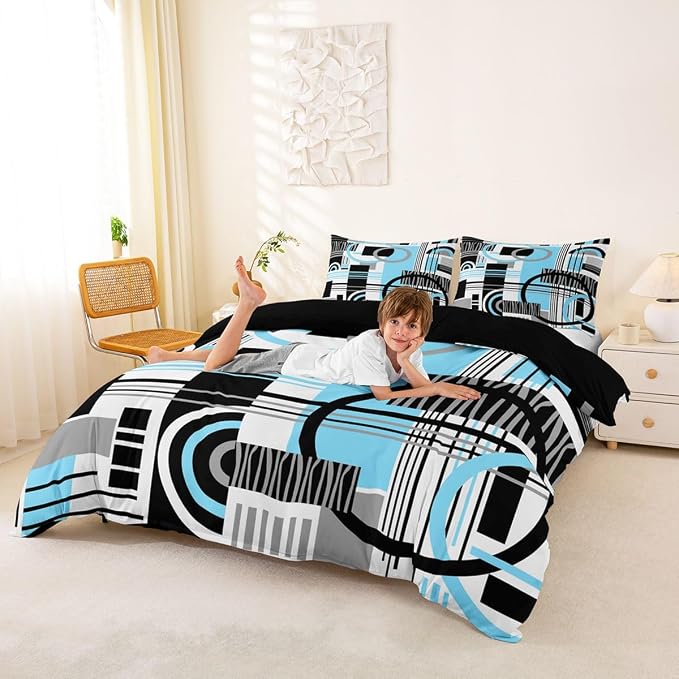 Erosebridal Art Deco Mid Century Duvet Cover Set Retro Modern Abstract Geometric King Bedding Set for Adult Men Black and White Sky Blue Circles Stripes Comforter Cover Contemporary Bed Sets