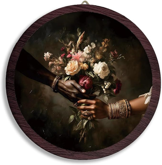 TFKFJLF Vintage Floral Framed Wall Art Decor, Bouquet Round Wall Hanging Decor, Cottagecore Farmhouse Decoration, Retro Flower Wooden Prints Wall Art for Bedroom Kitchen Living Room, 10x10 Inch