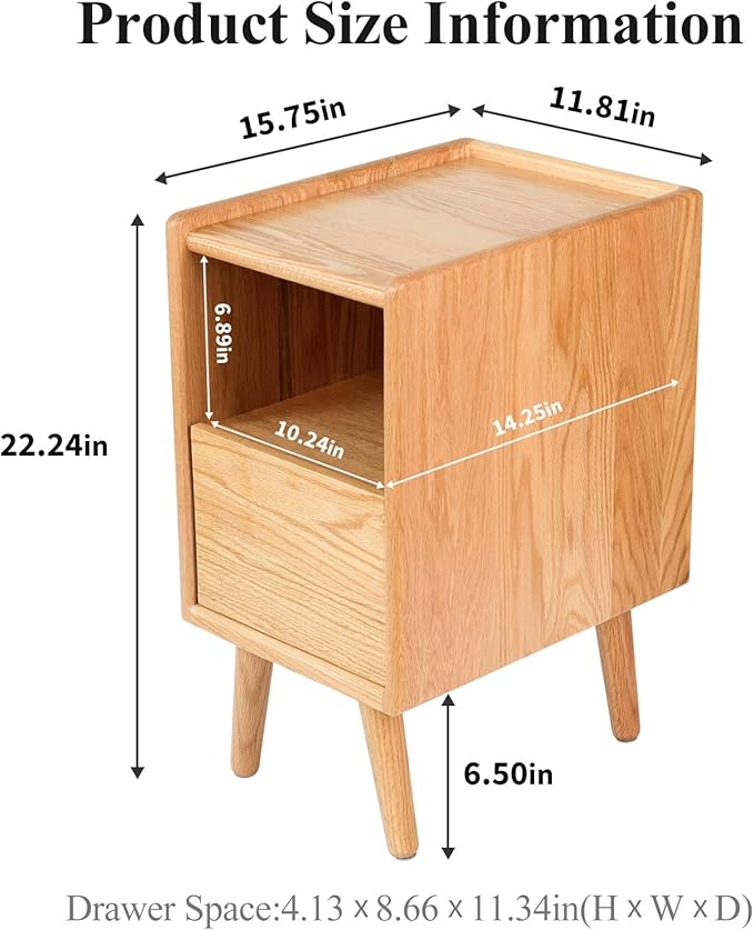 Night Stand, Solid Wood Nightsatnd with One Drawer & Open Shelf, Mid Century Modern Nightstand, Durable & Sturdy Small End Table, 11.81 W x 15.75 D x 22.05 H Inches, (Natural)