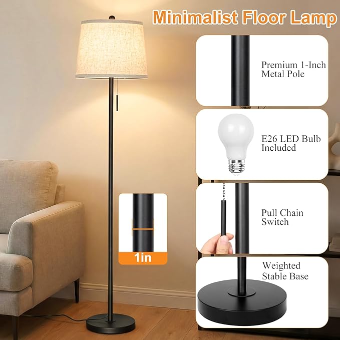 【Upgraded】 Modern Black Floor Lamp 63in Standing Lamp for Living Room Bedroom Office 3 Way Brightness Dimmable Tall Pole Light with Beige Linen Shade Metal Shade 8W 3000K LED Bulb Included