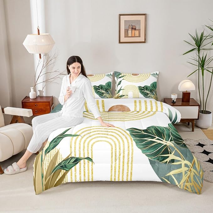 Erosebridal Modern Boho Green Comforter Minimalist Mid Century Toddler Bedding Set Simple Aesthetic Art Bedding for Kids Adults Minimalism Plant Duvet Insert 2Pcs Room Decor