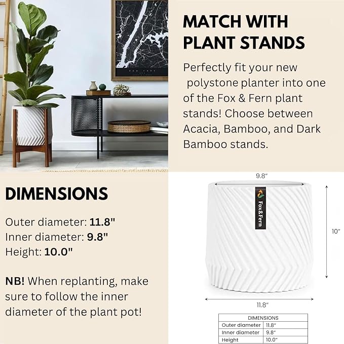 Fox & Fern Large Indoor Planter, Modern Large Plant Pot for Indoor or Outdoor, UV and Frost Resistant - 12 Inch, Polystone, Matte White Flower Pot with Drainage Plug, 3D Printed Design