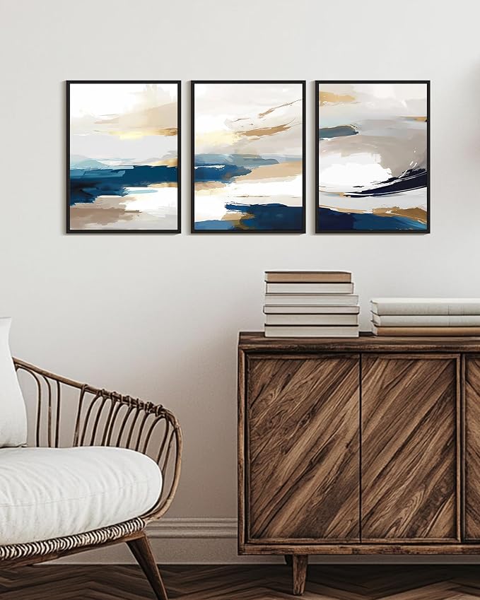 KUVIOKE Abstract Blue Framed Wall Art Graffiti Shape Pastel Wall Decor Modern Art Painting for Bedroom Hallway 12x16in (Black Framed)