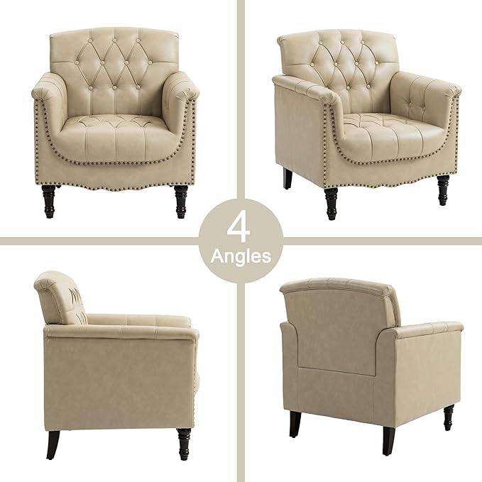 Lumibee Faux Leather Armchair, Contemporary Accent Chair with Nailhead Trims & Wood Legs for Living Room, Upholstered Comfy Arm Chair for Office,Bedroom-Beige