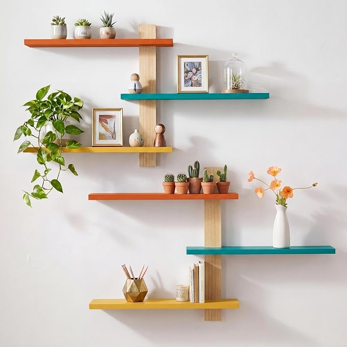 Pinkunn 2 Pack Wood 3 Tier Floating Shelf Large Minimalist Wall Shelves Mid Century Modern Furniture Wall Mount Shelf Art Decor Rustic Shelving for Bedroom Living Room Office Home (Mid Century Color)