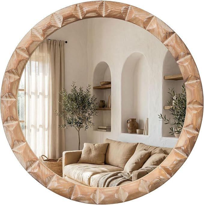Solid Wood Wall Mirror, 24 Inch Round Hand-Carved Pine Wood Frame Circle for Wall Decor, Rustic Farmhouse Mirror for Bathroom, Living Room, Entryway, Natural Wood