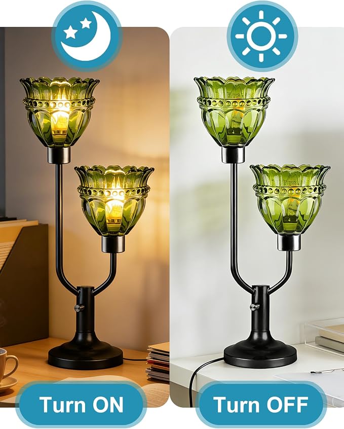 Lightdot Vintage Table Lamp for Bedroom Dimmable Mid Century Modern Black Desk Lamp Green Glass Nightstand Lamp 2 Bulbs Included Warmwhite Ambient Bedside Lamps for Living Room Home Office Decor Gift
