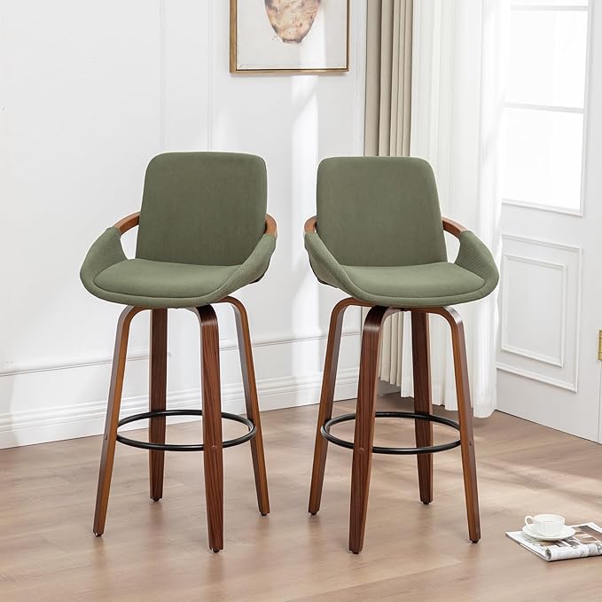 LUNLING 25.6" Counter Height Barstools Set of 2 Mid Century Modern Retro Bar Chairs Green Modern Corduroy Fabric Upholstered and Walnut Wood Frame for Home Bar Furniture,Green