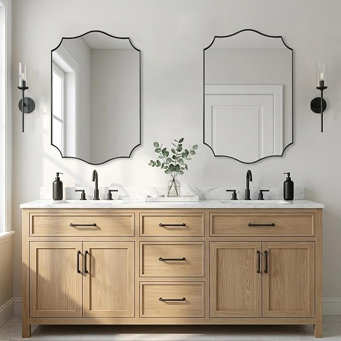ANDY STAR 20"x30" Black Vanity Mirror, Mirrors for Bathroom Sink, Black Scalloped Mirror in Premium Stainless Steel Thin Frame, Elegant Curved Scallop Design, Ideal for Home Remodel
