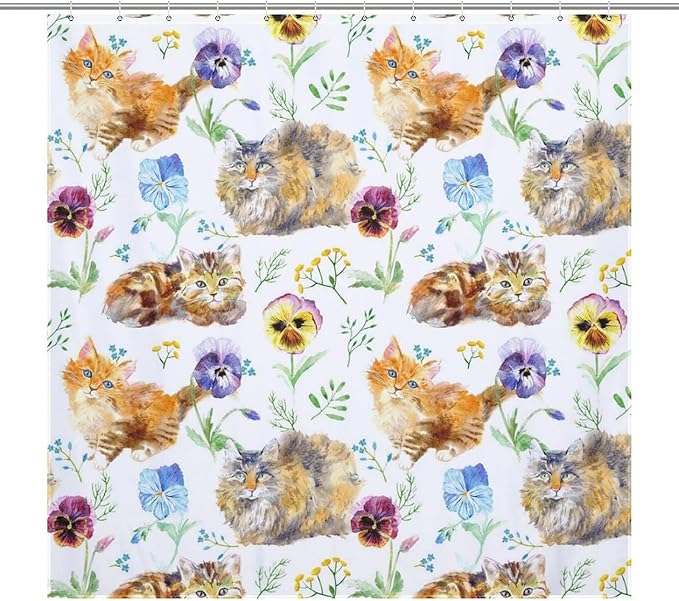 Cat Shower Curtain,Cute Cartoon Colorful Pets Paw Bathroom Curtain Polyester Waterproof Fabric Decor 72x72in（183x183cm）