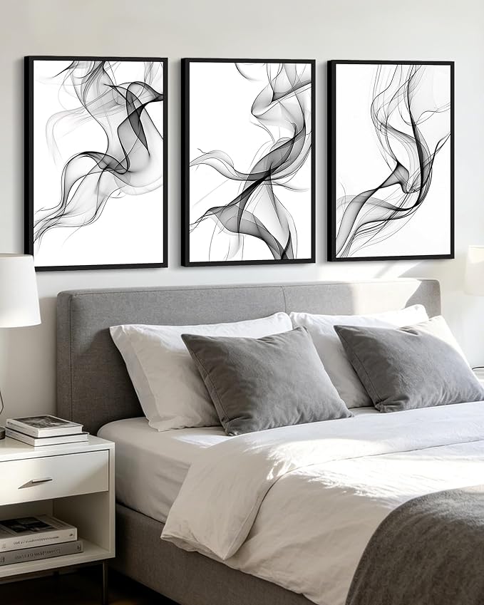 KUVIOKE Black White Abstract Framed Canvas Wall Art Ink Wash Pastel Wall Decor Modern Transparent Fog Illustration Art Painting for Bedroom Dining Room 24x36in (Black Framed)