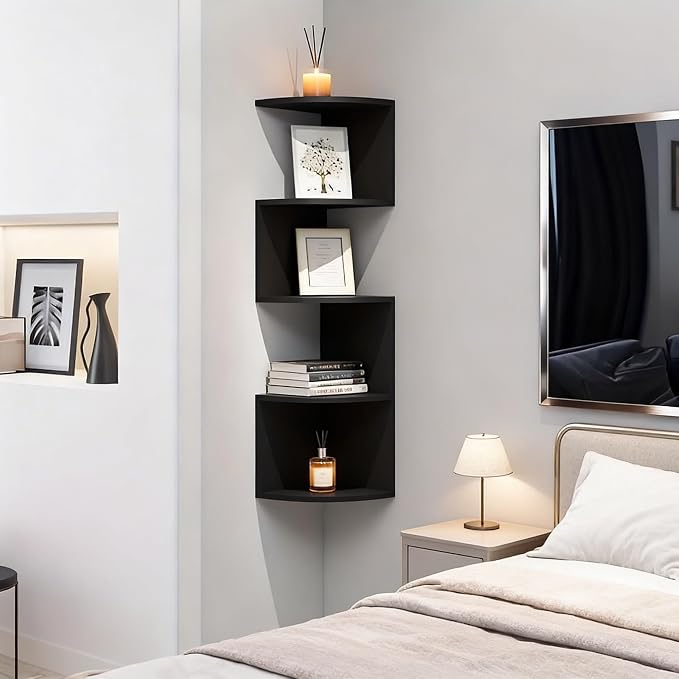 No-Drill Corner Shelf Wall Mount, 5-Tier Floating Corner Bookshelf with Hooks, Space-Saving Zigzag Plant Shelf for Bedroom, Living Room, Bathroom, Home Office（Black）