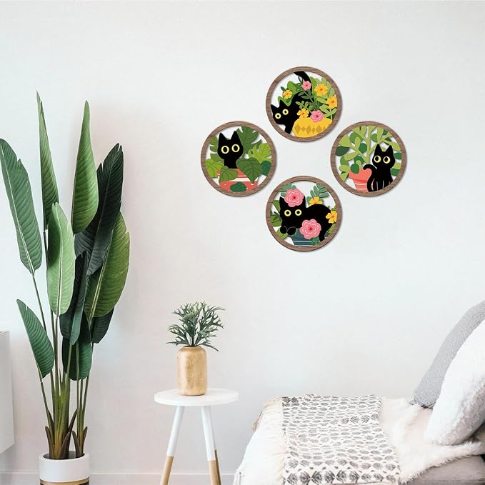 TOARTi 4PCS Boho Black Cat Wall Art Farmhouse Floral Cat Hanging Wood Sign Botanical Kitten Wall Decor Plant Cats Room Decor Floral Leaves Cat Wooden Sign for Living Room Bedroom Decoration