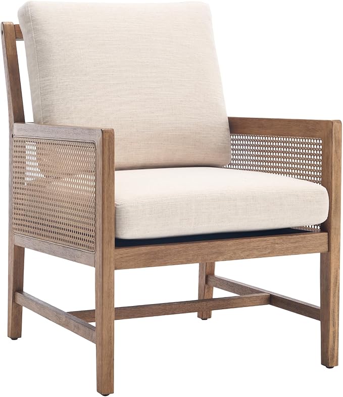 chairus Mid-Century Modern Accent Chair, Upholstered Solid Wood Armchair with Cane Armrests & Slat Back, Comfy Rattan Reading Chair for Living Room Bedroom Guest Room, Beige Linen
